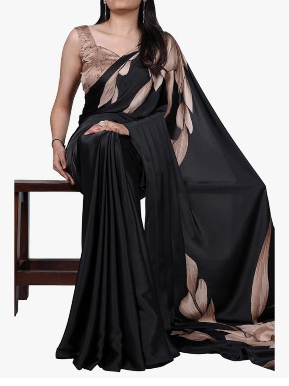 Bombay Black Saree with Beige Floral Motif